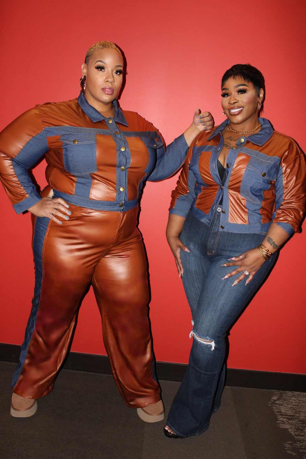 Denim Cognac Contrast Pants Set