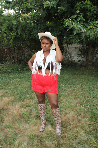 Red Destroyed Denim Shorts